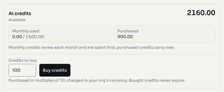 Credits panel showing balance and purchase option