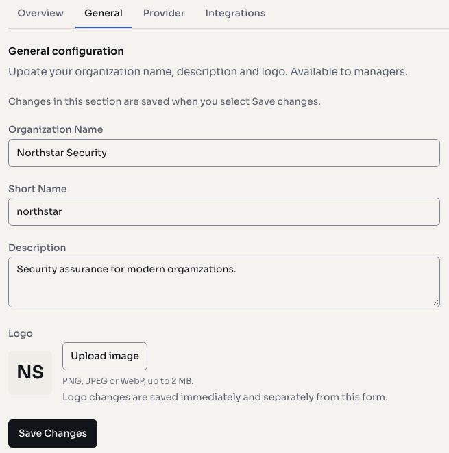 Organization settings page